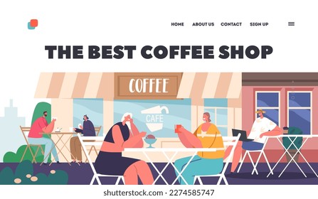 The Best Coffee Shop Landing Page Template. Characters Sitting, Chatting And Enjoying Coffee In Street Cafe