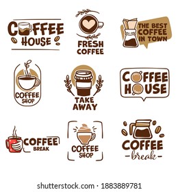 Best coffee in town, cafe or shop emblems and logotypes with cups of aromatic beverage for take away. Roasted beans and taste of arabica. Latte or americano served in restaurant. Vector in flat style