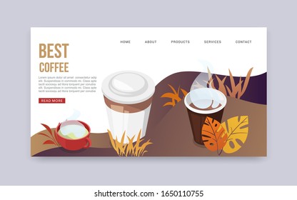 Best coffee web vector banner. Landing page of best start of the day. Cartoon cups and mug of freshly made coffee and autumn leaves. Concept of web page design for website and mobile website.