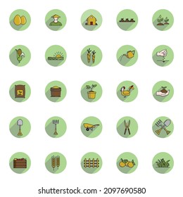 Best Collection of Farming Icons with Flat Style Includes Fertilizer, Chicken, Seed, Corn, Barn, Farmer, Soil. Perfect For Templates, Thumbnails, Social Media Post, Marketing Ads, Websites, Posters
