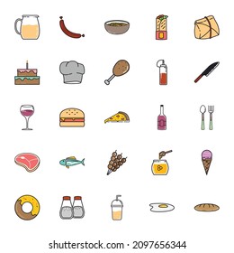 Best Collection of Food and Drink Icons with Filled Outline Style Includes Burger, Spoon, Fork, Meat, Wine, Pizza. Perfect For Templates, Thumbnails, Social Media Post, Marketing Ads, Websites, Poster