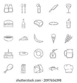 Best Collection of Food and Drink Icons with Outline Style Includes Burger, Spoon, Fork, Meat, Wine, Pizza. Perfect For Templates, Thumbnails, Social Media Post, Marketing Ads, Websites, Posters, Logo