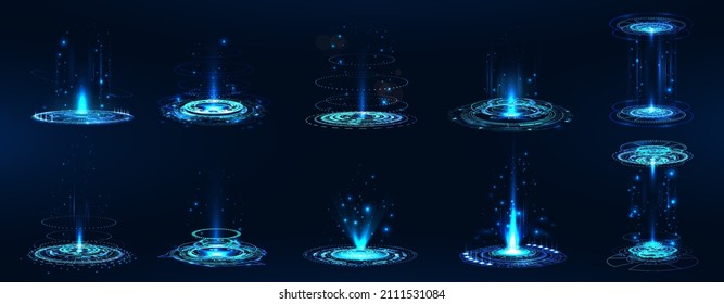 Best collection futuristic realistic portals, holograms, circle level up template, magic portal, podium and teleportation. Futuristic circle elements with neon and glowing beams. Vector holograms set