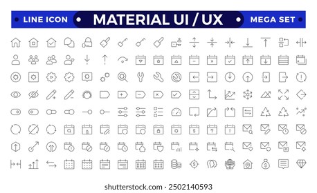 La mejor colección de material ui ux conjunto de iconos, colección de conjunto de iconos de interfaz de usuario. Conjunto esencial de interfaz de usuario Básica. Iconos de contorno de línea. Para App, Web, Imprimir.
