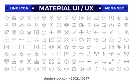 La mejor colección de material ui ux conjunto de iconos, colección de conjunto de iconos de interfaz de usuario. Conjunto esencial de interfaz de usuario Básica. Iconos de contorno de línea. Para App, Web, Imprimir.
