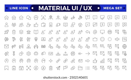 La mejor colección de material ui ux conjunto de iconos, colección de conjunto de iconos de interfaz de usuario. Conjunto esencial de interfaz de usuario Básica. Iconos de contorno de línea. Para App, Web, Imprimir.
