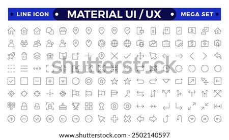 Best collection of material ui ux  icon set, user interface icon set collection. Basic User Interface Essential Set. Line Outline Icons. For App, Web, Print.
