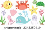 BEST COLLECTION SET OF AQUATIC LIFE AND FISHES . SET OF AQUATIC ANIMALS AND PLANTS . COLLECTION OF AQUATIC WILDLIFE . CRAB WHALE SQUID JELLY FISH STAR FISH TURTLE PUFFER FISH CORAL ALGAE 