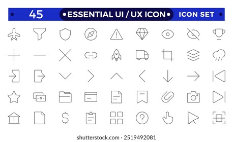 Melhor coleção de conjunto de ícones de interface do usuário, coleção de conjunto de ícones da interface do usuário. Conjunto Essencial da Interface do Usuário Básica. Ícones da estrutura de tópicos da linha. Para App, Web, Print.
