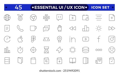 La mejor colección de ui ux conjunto de iconos, colección de conjunto de iconos de interfaz de usuario. Conjunto esencial de interfaz de usuario Básica. Iconos de contorno de línea. Para App, Web, Imprimir.
