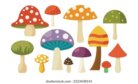 Best collection of various mushrooms illustrated in a vector style, showcasing their unique shapes and colors flat vector illustration on white background