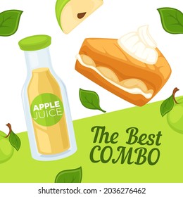 Mejor combinación de tarta de manzana con mousse y jugo en botella. Postres y bebidas de temporada, deliciosa tarta y bebida saludable. Banner promocional o póster, descuentos en cafés o restaurantes. Vector de estilo plano