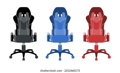 The best computer gaming chair in three color variation (black, blue, red), vector illustration in trendy simple color flat cartoon style. Editable graphic resources for many purposes.