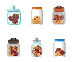 Best Cookie Jar Set Vector Illustration. Flat Clip Art Illustration Vector Set Of Jars With Different Objects. Canned Vegetables, Fish And Grass, Cookies And Candies, Colorful Premium Design.