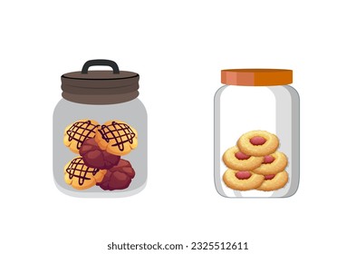 Beste Cookie Jar Set Vektorgrafik. Flaches Video-Kunstillustration Vektorset von Gläsern mit verschiedenen Objekten. Konservierte Gemüse, Fisch und Gras, Kekse und Bonbons, Farbiges Premium-Design.