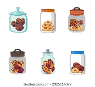 Best Cookie Jar Set Vector Illustration. Flat Clip Art Illustration Vector Set Of Jars With Different Objects. Canned Vegetables, Fish And Grass, Cookies And Candies, Colorful Premium Design.