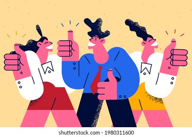 Best corporate service, human resources concept. Business leaders people cartoon characters standing showing thumbs up sign looking at camera feeling positive with career and opportunities 