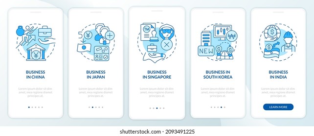 Best countries for doing business blue onboarding mobile app screen. Walkthrough 5 steps graphic instructions pages with linear concepts. UI, UX, GUI template. Myriad Pro-Bold, Regular fonts used