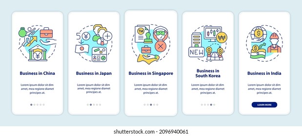 Best countries to start business in onboarding mobile app screen. Walkthrough 5 steps graphic instructions pages with linear concepts. UI, UX, GUI template. Myriad Pro-Bold, Regular fonts used