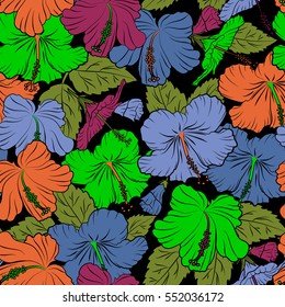 Best creative design for fabric, textile. Aloha Hawaii, Luau Party invitation on black background with hibiscus flowers in orange, green and blue colors. Aloha T-Shirt design. Vector seamless pattern.