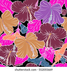 Best creative design for fabric, textile. Vector seamless pattern. Aloha Hawaii, Luau Party invitation on black background with hibiscus flowers in orange, violet, purple colors. Aloha T-Shirt design.