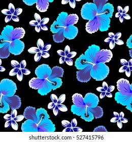 Best creative design for poster, flyer. Aloha T-Shirt design. Vector seamless pattern. Aloha Hawaii, Luau Party invitation on black background with hibiscus flowers in neutral, blue and violet colors.