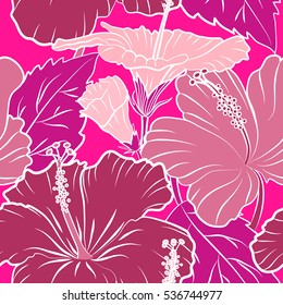 Best creative design for poster, flyer, presentation. Aloha T-Shirt design. Vector. Aloha Hawaii, Luau Party invitation on magenta background with multicolored hibiscus flowers.