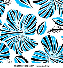 Best creative design for poster, flyer, printing. Aloha T-Shirt design. Vector seamless pattern. Aloha Hawaii, Luau Party invitation on white background with hibiscus flowers in black and blue colors.