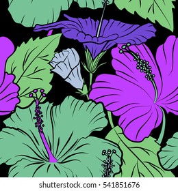 Best creative design for poster, flyer, textile. Aloha Hawaii, Luau Party invitation on black background with hibiscus flowers in green and violet colors. Aloha T-Shirt design. Vector seamless pattern