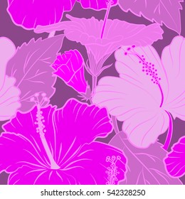 Best creative design for poster, flyer, presentation. Vector seamless pattern. Aloha Hawaii, Luau Party invitation on purple background with multicolored hibiscus flowers. Aloha T-Shirt design.