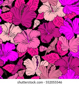Best creative design for poster, flyer, prints. Aloha Hawaii, Luau Party invitation on black background with hibiscus flowers in pink and magenta colors. Aloha T-Shirt design. Vector seamless pattern.