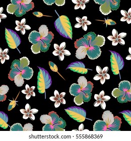 Best creative design for poster, flyer, presentation. Aloha T-Shirt design. Vector seamless pattern. Aloha Hawaii, Luau Party invitation on black background with multicolored hibiscus flowers.