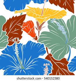 Best creative design for textile, fabric. Vector seamless pattern. Aloha Hawaii, Luau Party invitation on white background with hibiscus flowers in green, blue and orange colors. Aloha T-Shirt design.
