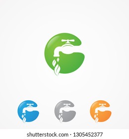 Best creative round eco plumbing company service with faucet and leaf droplet on the negative space style logo design. Simple and stylish logotype. Vector illustration EPS.8 EPS.10