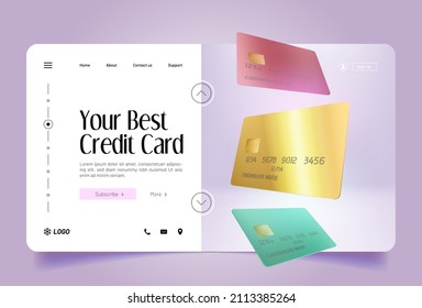 Best credit card banner. Vector landing page of personal banking service with realistic illustration of 3d gold, red and green blank bank cards with electronic chip