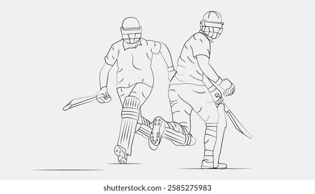 Best cricket players Line Drawing Illustration of cricket players from different participating countries two batsmen running cricket White Background.