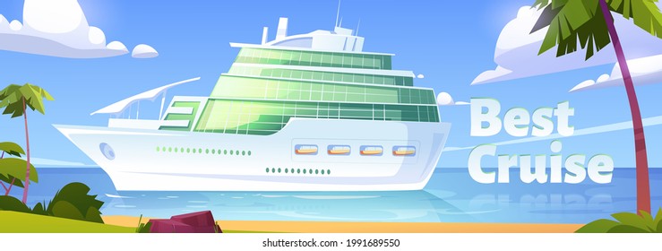 Mejor banner de crucero. Servicio de crucero en el océano, barco blanco moderno, velero de lujo amarrado en el puerto marítimo isla tropical con palmeras y playa de arena. Ilustración vectorial de la caricatura del buque de pasajeros