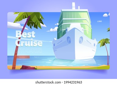 Mejor página de aterrizaje de caricaturas de crucero, línea blanca en el océano, barco de lujo moderno, velero amarrado en el puerto marítimo, isla tropical con palmeras y playa de arena. Viaje marítimo de verano, bandera vectorial