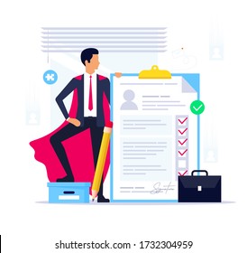 Best cv candidate. Recruitment agency. Super suitable candidate for a vacant seat. Superman in a suit with a resume looking for a new job.