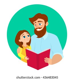 Best dad ever and daughter, fathers day greeting card, happy family, man with beard and little girl smiling together, cartoon characters for print, invitation, banner, poster, sticker.
