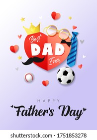 Best Dad ever, Happy Fathers Day card with red paper heart, glasses, mustache, striped necktie, black bow tie and ball. Father`s day sale promotion banner. Vector illustration