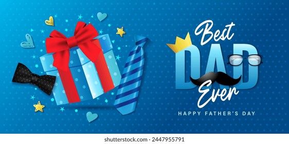 Mejor papá nunca, concepto del día de los padres feliz con la caja de regalo. Póster promocional de DAD con corazones sobre fondo azul. Ilustración vectorial