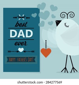 Best DAD ever and Happy Father's Day blue card- Cute little bird holding a pendant close up