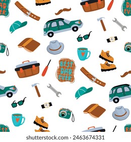 Best dad ever seamless pattern with men's items set.Cartoon background with car,repair tools,hat,boots,cup,belt,glasses,wristwatch,book.Print on fabric and paper.Vector design for Fathers Day.