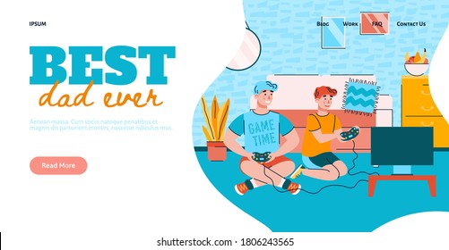 Best dad ever website homepage with father and child playing video games together, flat cartoon vector illustration. Site homepage for Fathers day and family recreation.