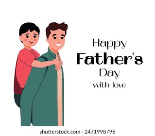 El mejor papá. Día del Padre. Generación. Familia. Un hombre sostiene a un hijo sobre su espalda. Ilustración vectorial. Vista lateral. Abrazo. Juntos. Estilo plano. Caracteres. Jóvenes y viejos. 16 de junio. Un niño Pequeño