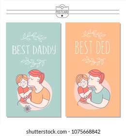 Best dad. Fathers day. Vector illustration. The Pope holds a baby in her arms.