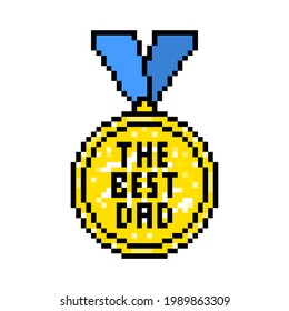 The best dad, gold medal with engraving isolated on white background. Pixel art father's day print. Vintage retro 80s, 90s 2d 8 bit computer, video game graphics. Slot machine design element.