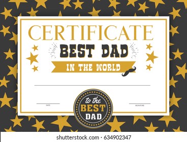 Best dad in the world certificate, special and perfect father diploma award, congratulation in festive design with bright golden stars, black frame. Vector illustration