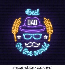 Best dad in the world. Happy Father's Day badge, logo Neon sign. Vector illustration. Vintage style Father's Day Designs with hipster hat and tie bright signboard, light banner.